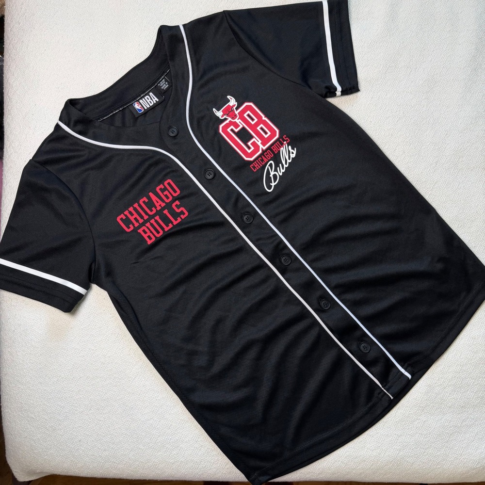 NBA Chicago Bulls Kids Baseball Jersey Shirt Black Button Front Size 11-12 Yrs